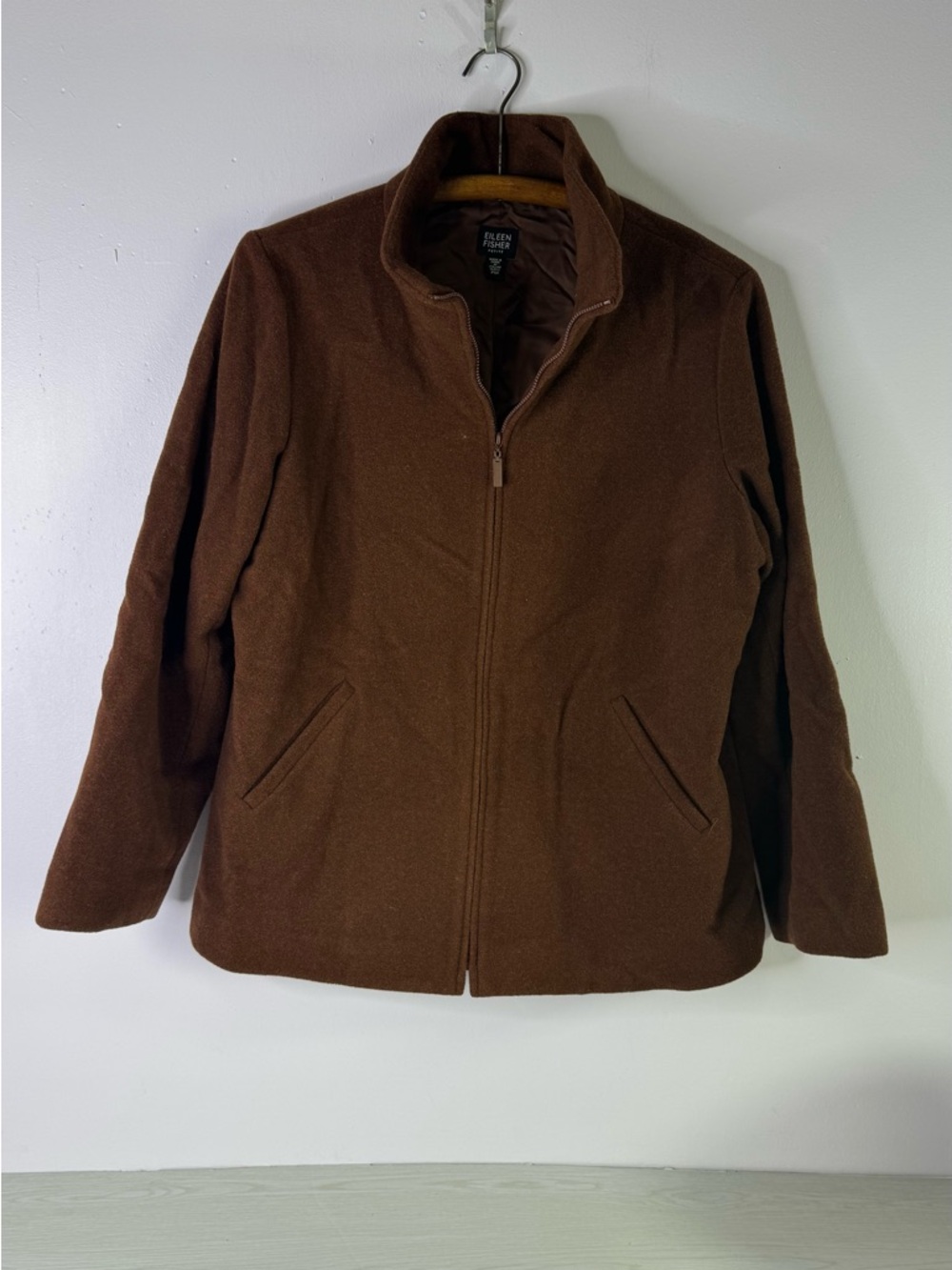 EILEEN FISHER Italian Fabric Wool Blend Mock Neck Full-Zip Coat Jacket Brown MP